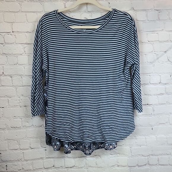 LOFT Blue Mixed Media Top Women's Small Blouse Striped/Paisley Chiffon/Knit Tee - Picture 3 of 12